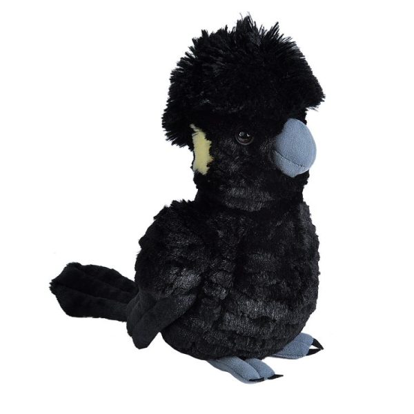A plush toy of a Yellow-tailed Black-Cockatoo. The body of the plush is black, with a grey beak, grey feet, and pale yellow ear patches.