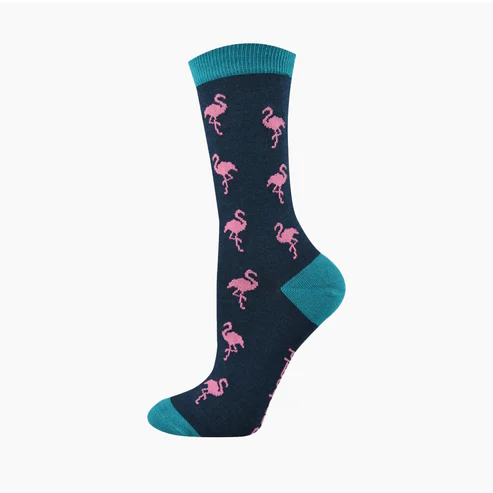 Navy socks with a aqua blue heel featuring small flamingos.