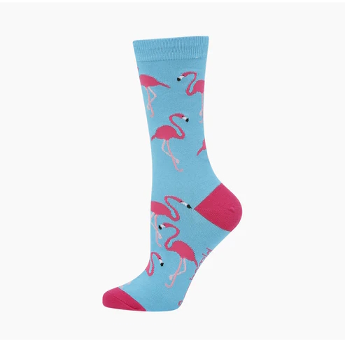 Sky blue coloured socks with a pin heel, featuring large pink flamingos