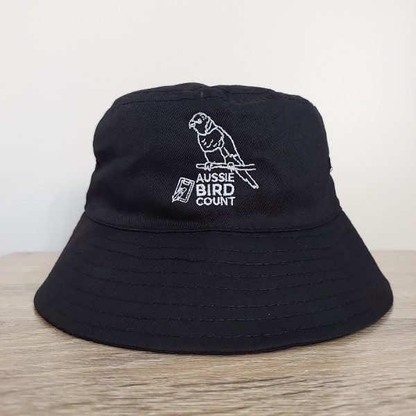 A black bucket hat featuring the 2023 Aussie Bird Count logo.