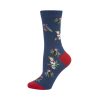 A navy sock with a red toe featuring a Laughing Kookaburra, Sulphur-crested Cockatoo and Rainbow Lorikeet wearing Santa hats or scarves. The birds are sitting on a green branch with multicolour lights attached.