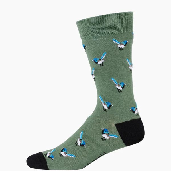 Male Superb Fairy-wrens on a khaki green coloured sock, with a black heel and toe.