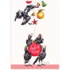 A tea towel featuring five illustrated magpies with festive hats, surrounding a red bauble and playing with festive decorations. There is a red and white border on the bottom.