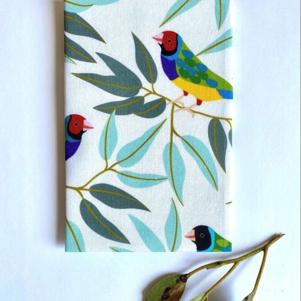 A cotton handkerchief featuring Gouldian Finches and eucalyptus leaves.