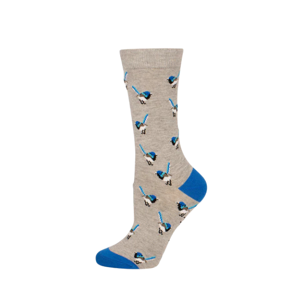 A grey sock with a blue heel and toe, featuring Superb Fairy-wrens.