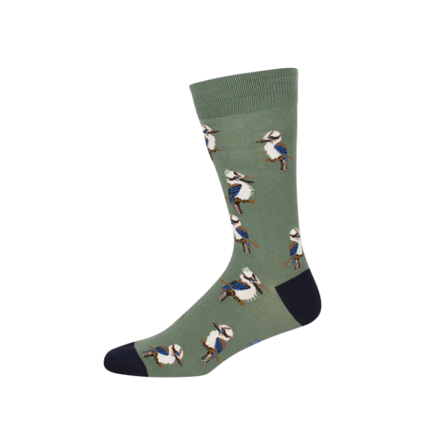 A khaki sock with a black heel and toe featuring Laughing Kookaburras.