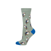 A khaki sock with a blue heel and toe featuring Laughing Kookaburras.